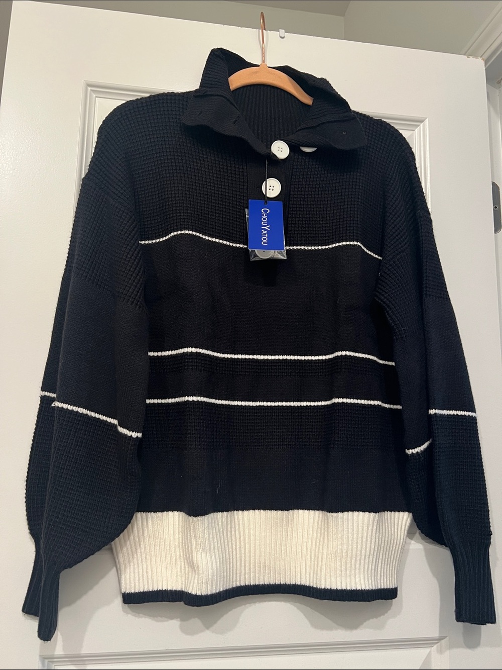 Chou Yatow Black and White Striped Button-Neck Sweater